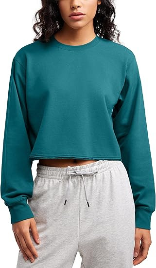 CRZ YOGA Womens Fleece Cropped Sweatshirts Crewneck Long Sleeve Double Raw Hem Workout Casual Pul... | Amazon (US)