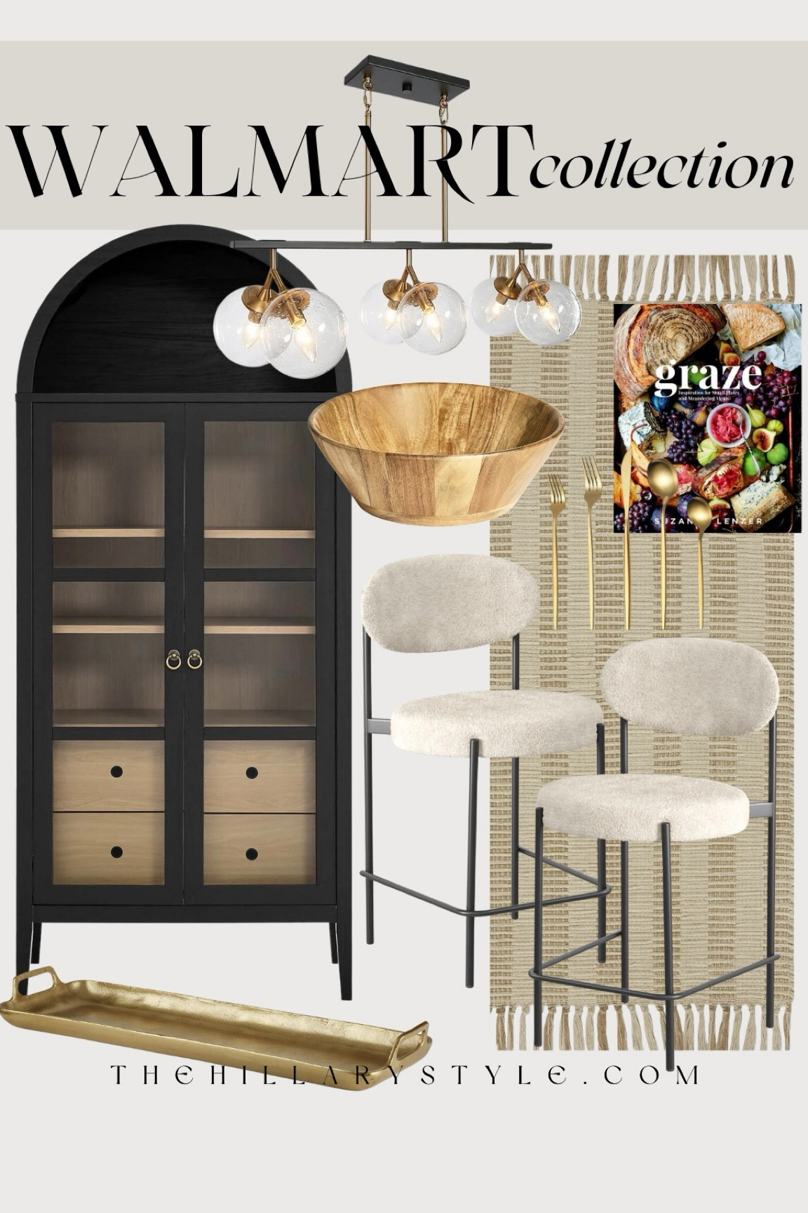 Walmart Collection: Neutral furniture and home decor finds for the kitchen from Walmart. Boucle counter stool, black curio cabinet, modern island light fixtures, neutral runner rug, charcuterie cookbook, gold utensil set, wood salad bowl, gold tray.

#LTKHome #LTKSeasonal #LTKStyleTip