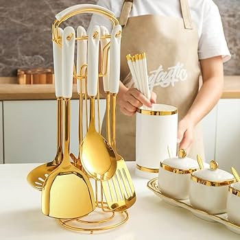 AQUAX Stainless Steel kitchenware seven Pieces Set (White Gold).Cooking Utensils 7 pcs Set with h... | Amazon (US)