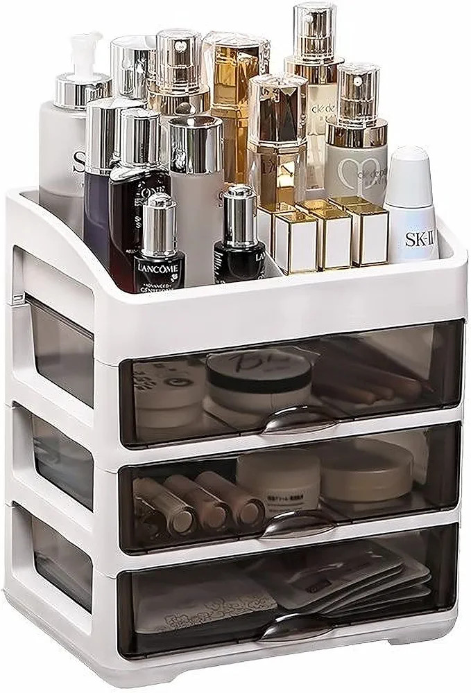 Makeup Organizer and Storage,Acrylic Cosmetics Display Case with 3 Drawers for Skin Care, Perfume... | Amazon (US)