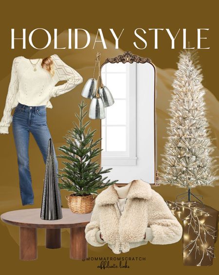 Holiday home decor and holiday style ideas! Cozy winter sweaters, fur jacket, madwell jeans, coffee table, flocked tree, birch lit garland, gold mirror, Christmas trees

#LTKHoliday #LTKhome #LTKstyletip