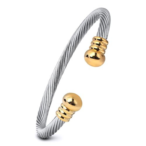 OSIRIDEH2 Stainless Steel Twisted Cable Wire Bracelets Adjustable Open Cuff Bangle Bracelet Vintage Jewelry Gift for Women (gold + silver cable bracelet) | Amazon (US)