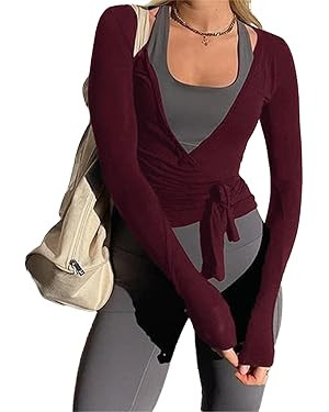 Women Wrap Top Long Sleeve Deep V Neck Cross Tie Workout Ballet Pilates Yoga Shirt | Amazon (US)