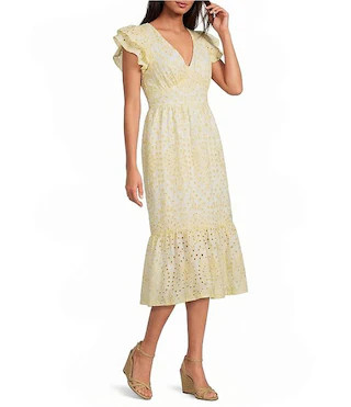 Sugarlips At Sea Floral Eyelet Zayla V-Neck Cap Sleeve Midi Dress | Dillard's | Dillard's