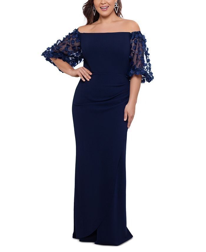XSCAPE Plus Size Off-The-Shoulder Embellished-Sleeve Gown & Reviews - Dresses - Plus Sizes - Macy... | Macys (US)