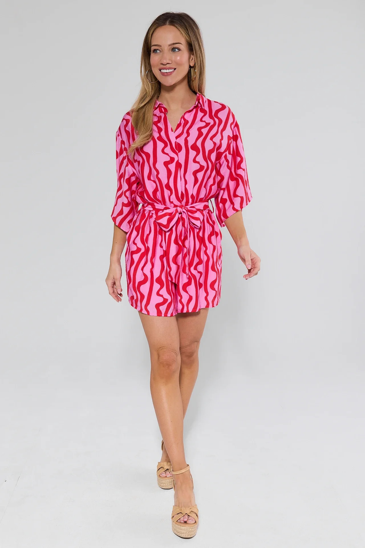 Mitzi Pink Printed Belted Romper | Avara