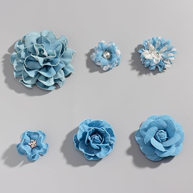 6 PCS Denim Fabric Flower Shape Patch Set，Denim Ribbon Fabric Flowers for Dresses，Denim and F... | Amazon (US)