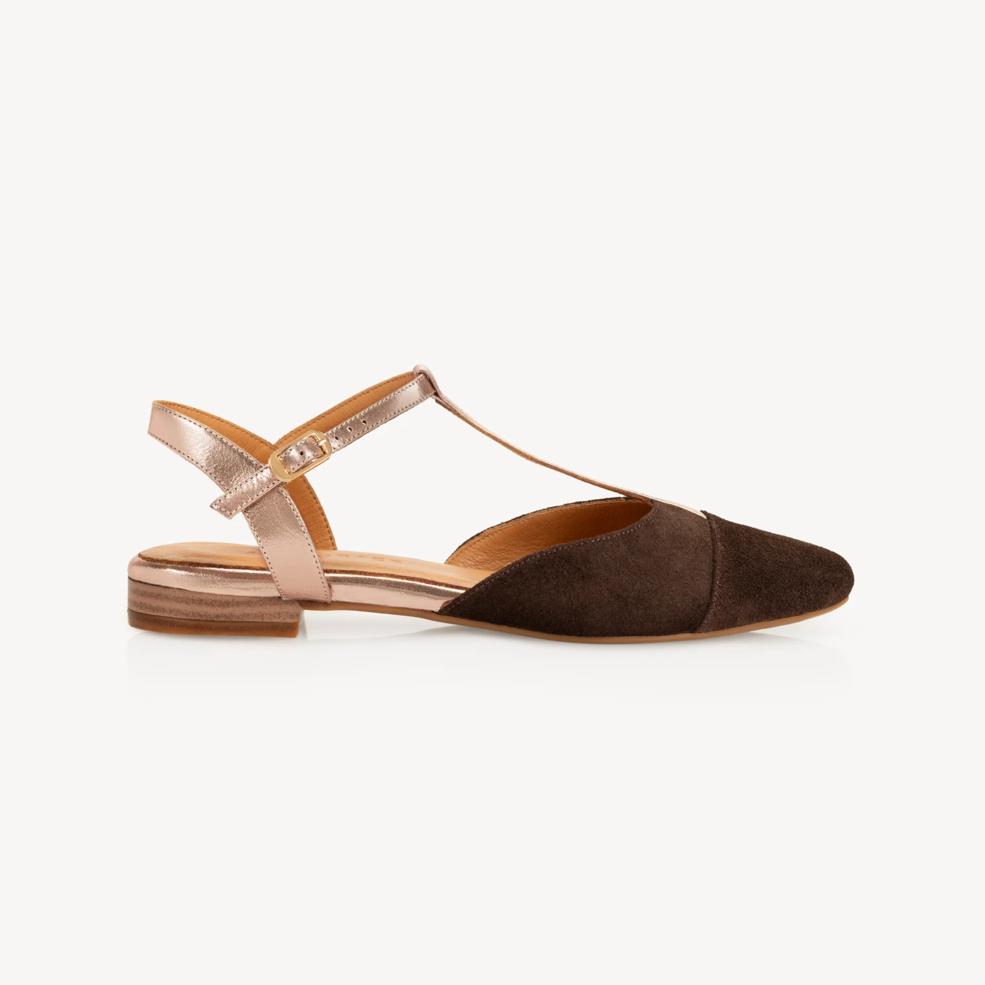 Anais Pointed T-Bar Flats: Chocolate Brown Suede & Bronze | Air & Grace