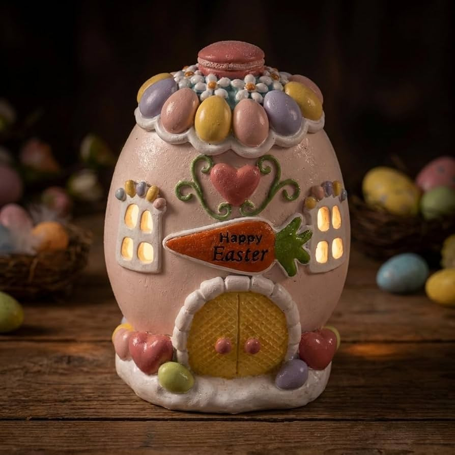Lighted Easter Village Houses, 6.3" H Light Up Pink Resin Decorative Egg Figurine Table Centerpie... | Amazon (US)