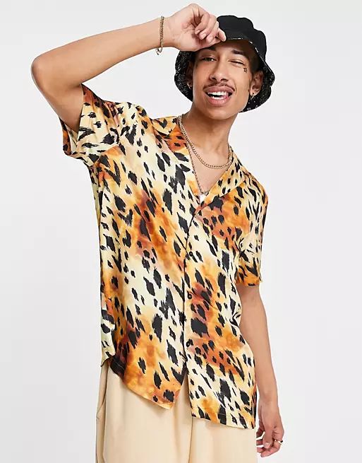 ASOS DESIGN relaxed revere satin leopard print shirt | ASOS (Global)