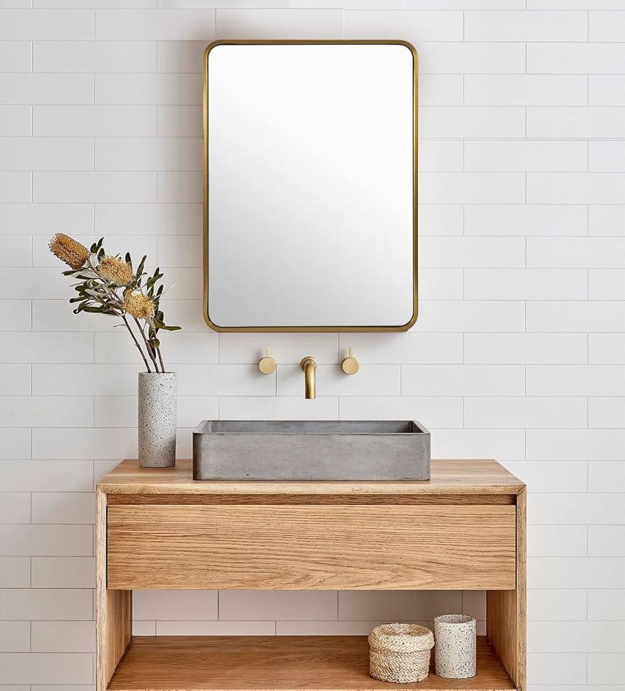 ANDY STAR Brushed Gold Mirrors for Bathroom, 24x36’’ Rounded Rectangle Mirror, Modern Brass B... | Amazon (US)