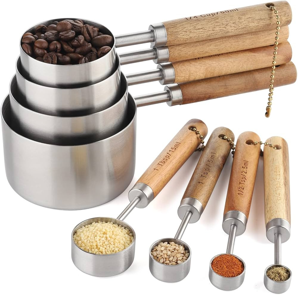 Measuring Cups and Spoons Set Stainless Steel Measuring Cups and Spoons with Wood Handle for Dry ... | Amazon (US)