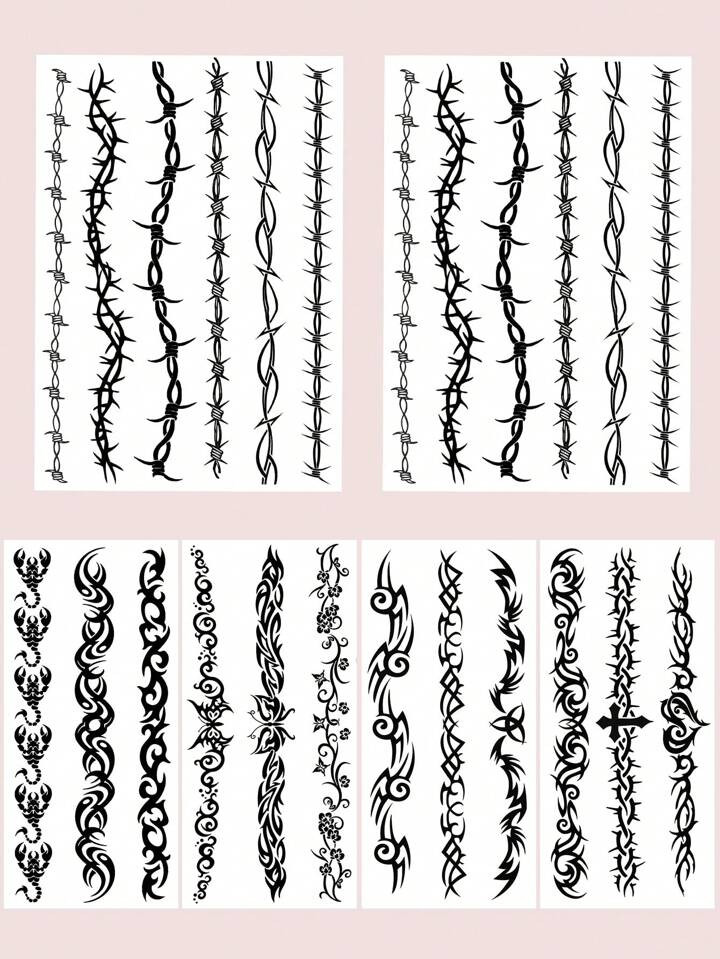 6 Sheets Thorny Temporary Tattoo Stickers With Black Barbed Wire Arm Band Design For Halloween Co... | SHEIN