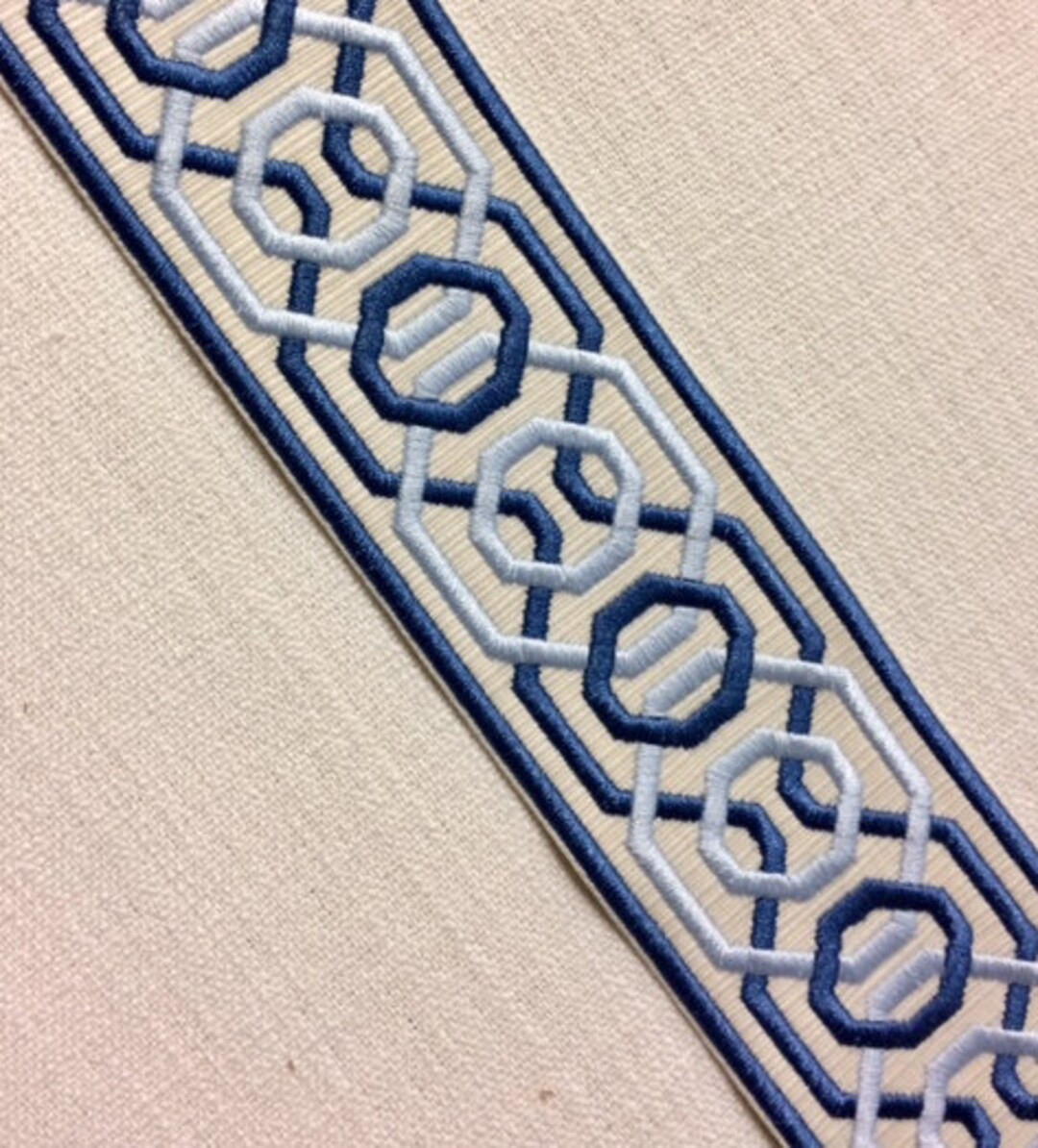 Cream & Colonial Blue Woven Embroidery Trim Tape 2.25 H-1151A-1 for Upholstery / Bedding / Draper... | Etsy (US)