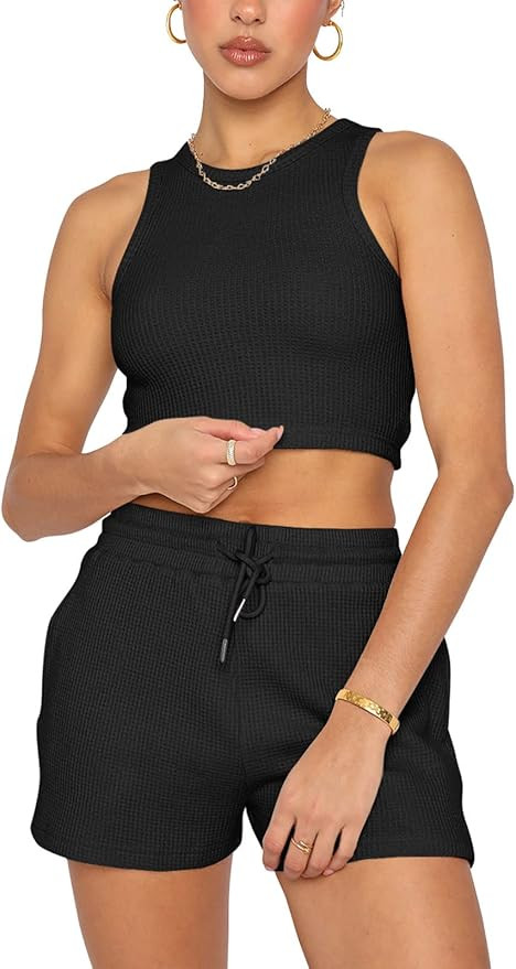 KIKIBERRY Women's Lounge sets Sleeveless Halter Neck Waffle Knit Crop Tank Tops with Shorts Sleep... | Amazon (US)