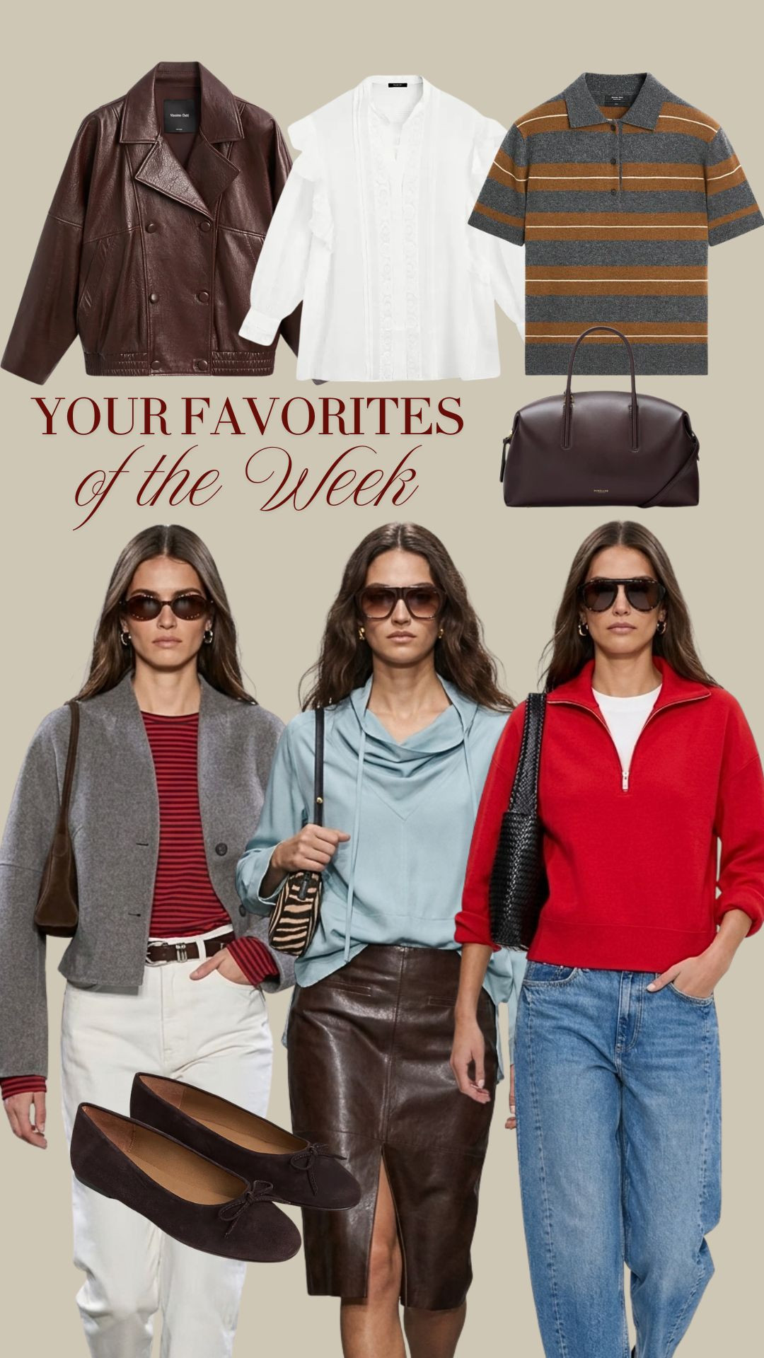 BESTSELLERS OF THE WEEK ✨ Your most loved pieces of the week ✨ TAGS:  brown leather bomber jacket, red half-zip jumper, striped polo knit, powder blue top, white jeans, leather trousers, zebra print bag,  brown suede ballet flats, Demellier bag, leather pencil-skirt, ruffled blouse 

 #LTKootd #LTKOver40 #LTKWorkwear