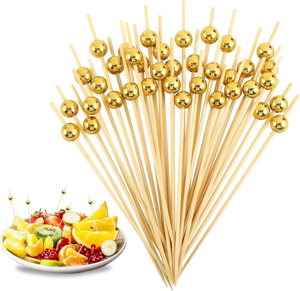 200 Pcs Cocktail Picks, Fancy Toothpicks for Appetizers 4.7inch Skewers for Appetizers Gold Pearl... | Amazon (US)