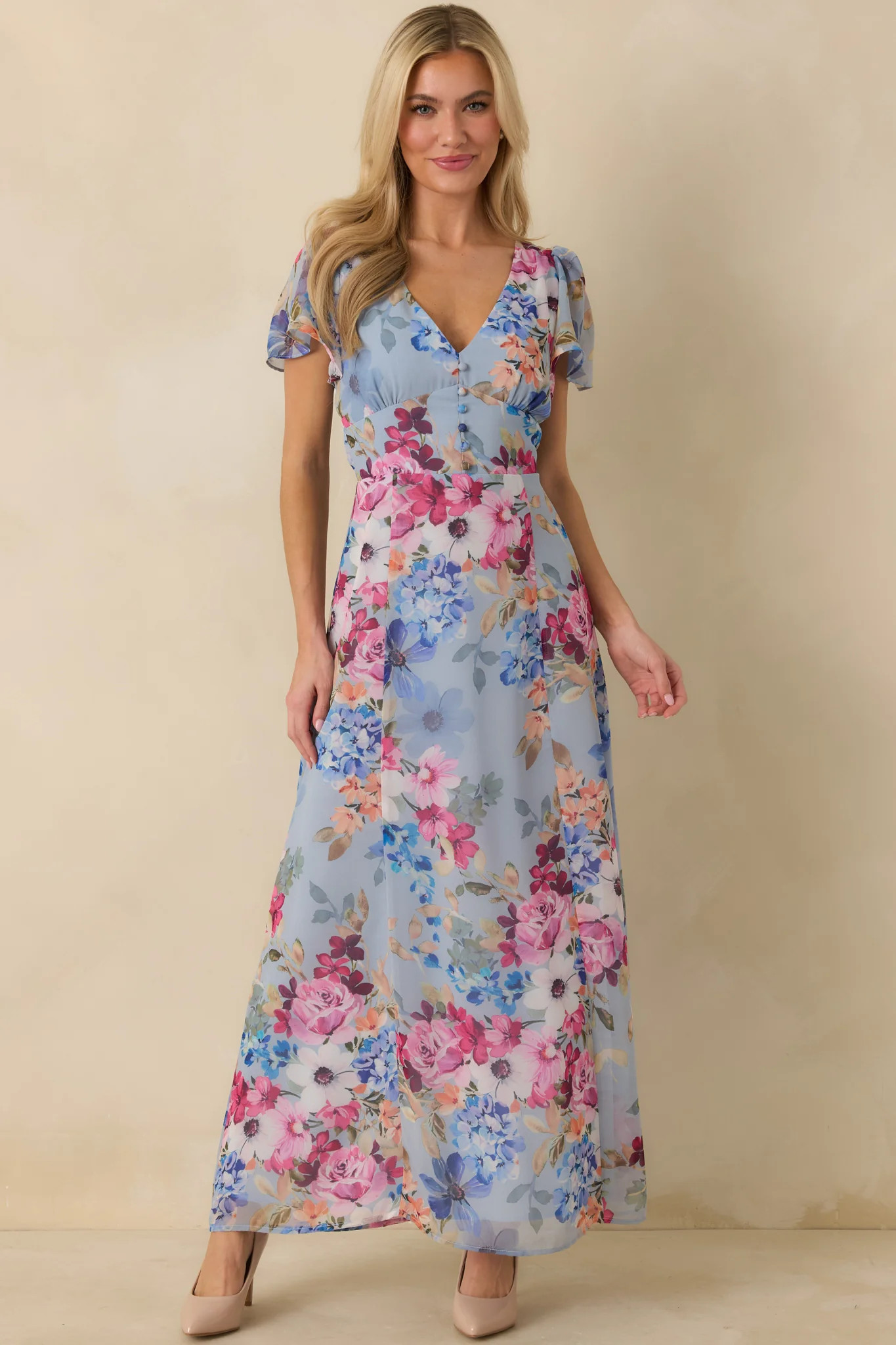 Fate Finds a Way Blue Multi Floral V-Neck Flutter Sleeve Maxi Dress | Red Dress