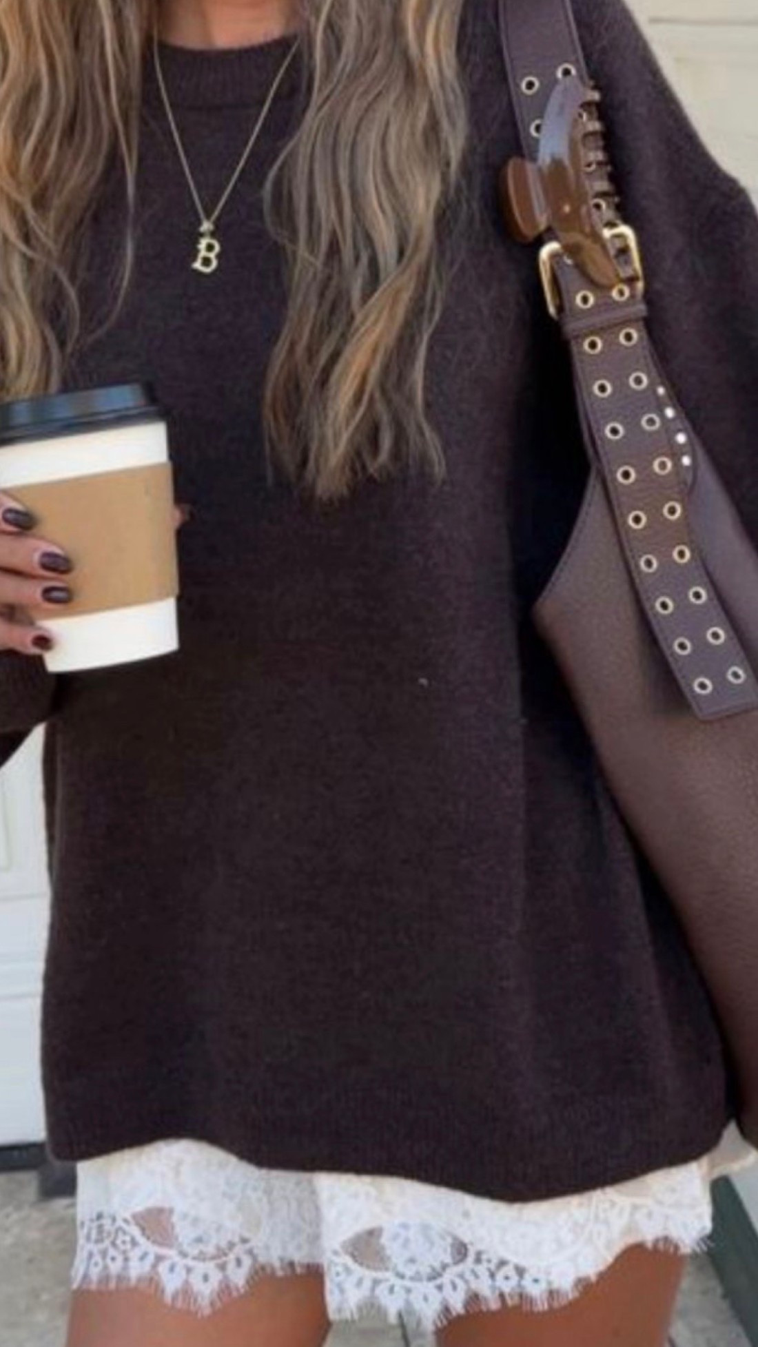 Oversized brown sweater with lace skirt- brown vibesss🤎🤎🤎🤎