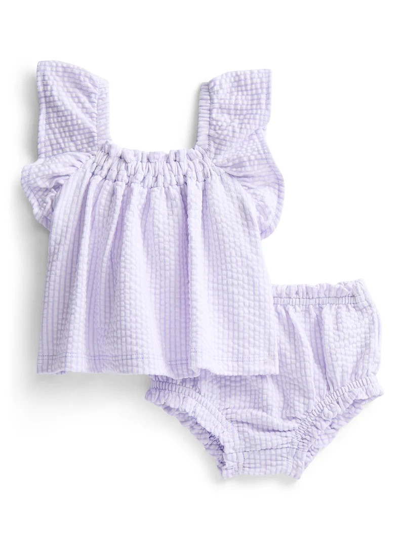 Wonder Nation Baby Girls Seersucker Romper & Bloomers with Flutter-Sleeve, 2-Piece Set, Sizes 0... | Walmart (US)