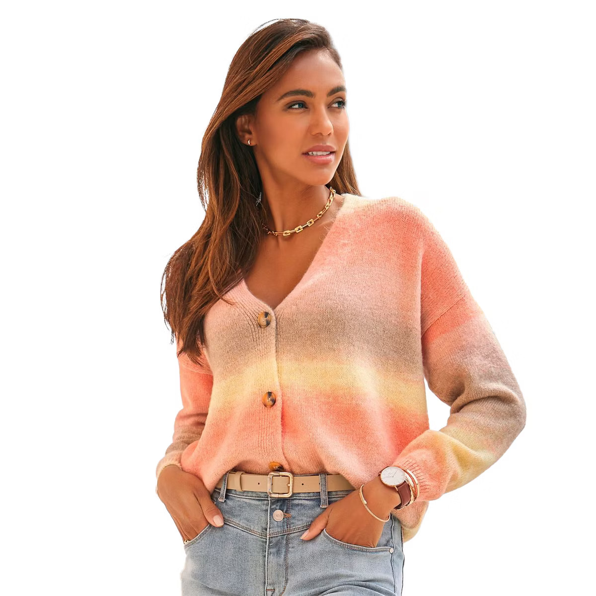 Women's Ombre Cardigan - LASCANA - Apricot Yellow Ombre Design 4/6 | Target