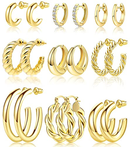 Adoyi Gold Hoop Earrings Set for Women Girls Trendy 14K Plated Gold Hoops Small Chunky Earrings Twisted Huggie Ear ring Pack Lightweight 9 Pairs Jewelry Set for Valentines Mother's Day Birthday Gifts | Amazon (US)
