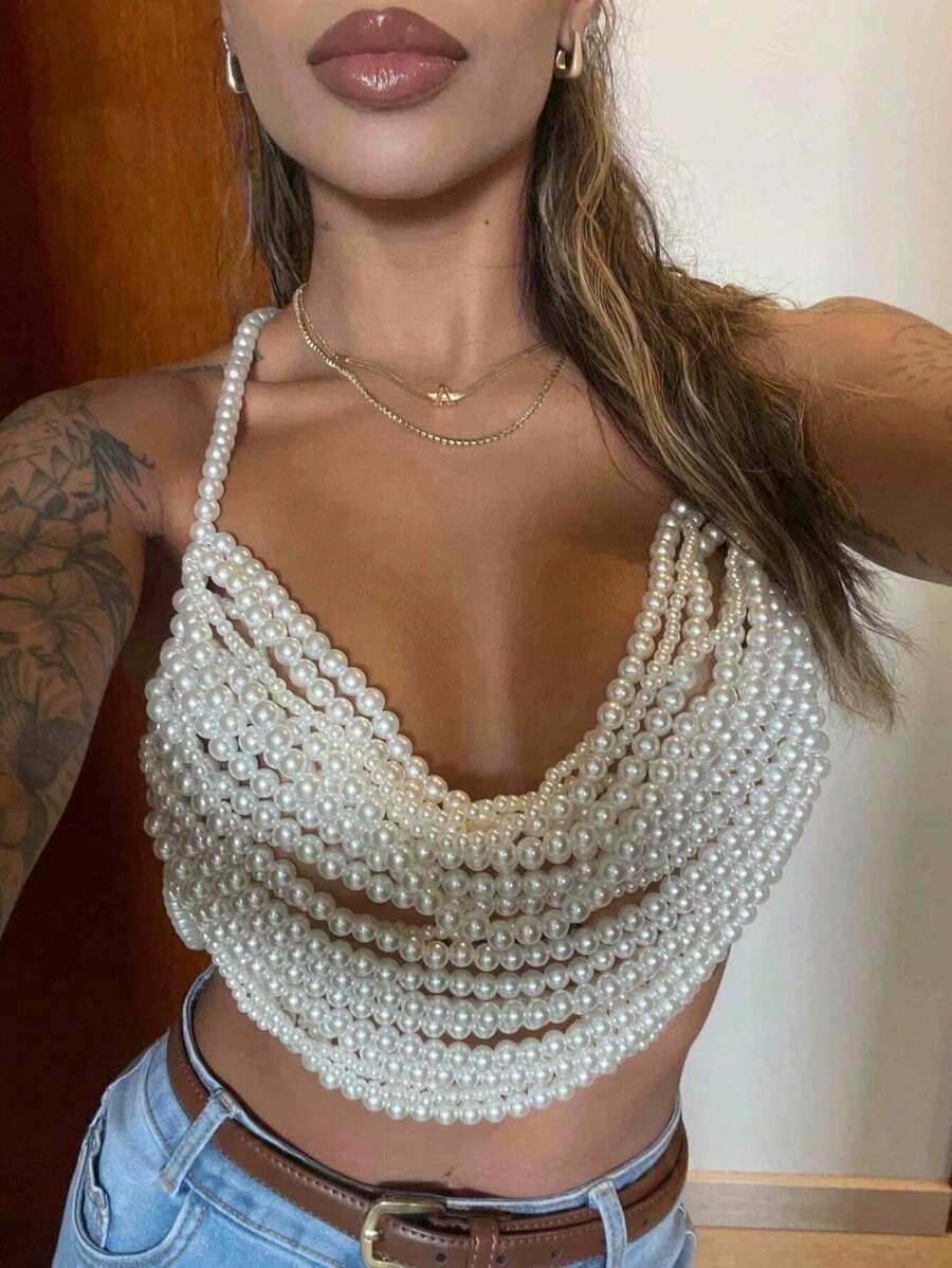 1Pc High Quality Luxury Layered Pearl Women's Camisole Top Hand Knotted Fashion Sexy Pearl Body C... | SHEIN