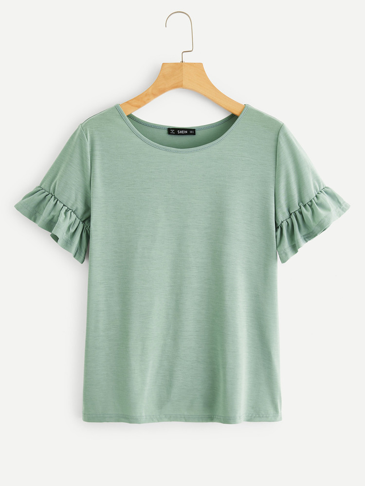 Ruffle Sleeve Solid Tee | SHEIN
