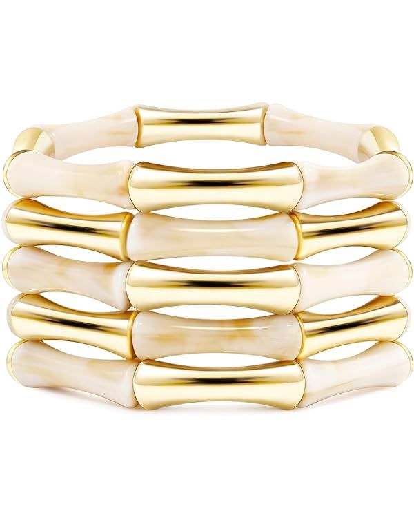 Gold Tube Bangle Bracelets for Women Stackable Bamboo Chunky Acrylic Beads Stretch Friendship Sum... | Amazon (US)