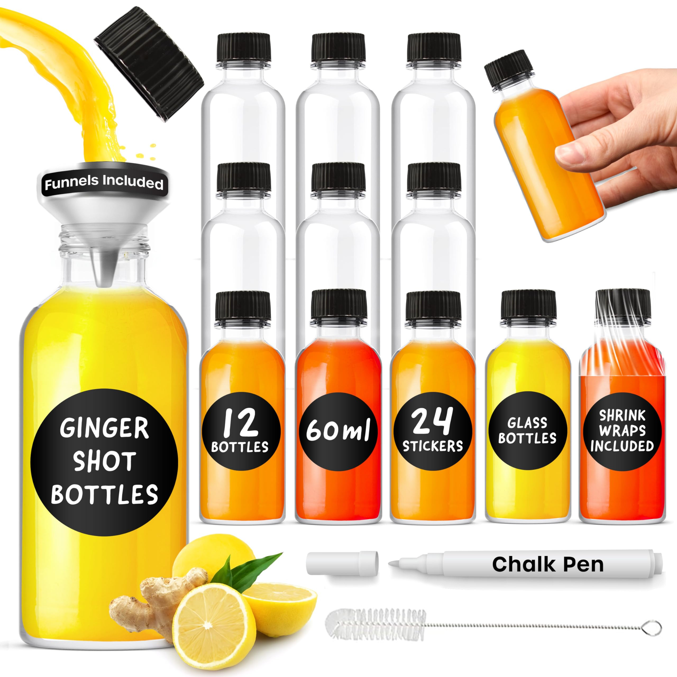 Ginger Glass Shot Bottles - 12 Pack 60ml Leak Proof Small Glass Bottles for Juice, Oils, Liquor, ... | Amazon (UK)