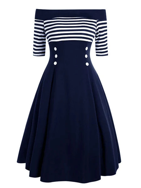 Navy 1950s Off Shoulder Swing Dress | Retro Stage