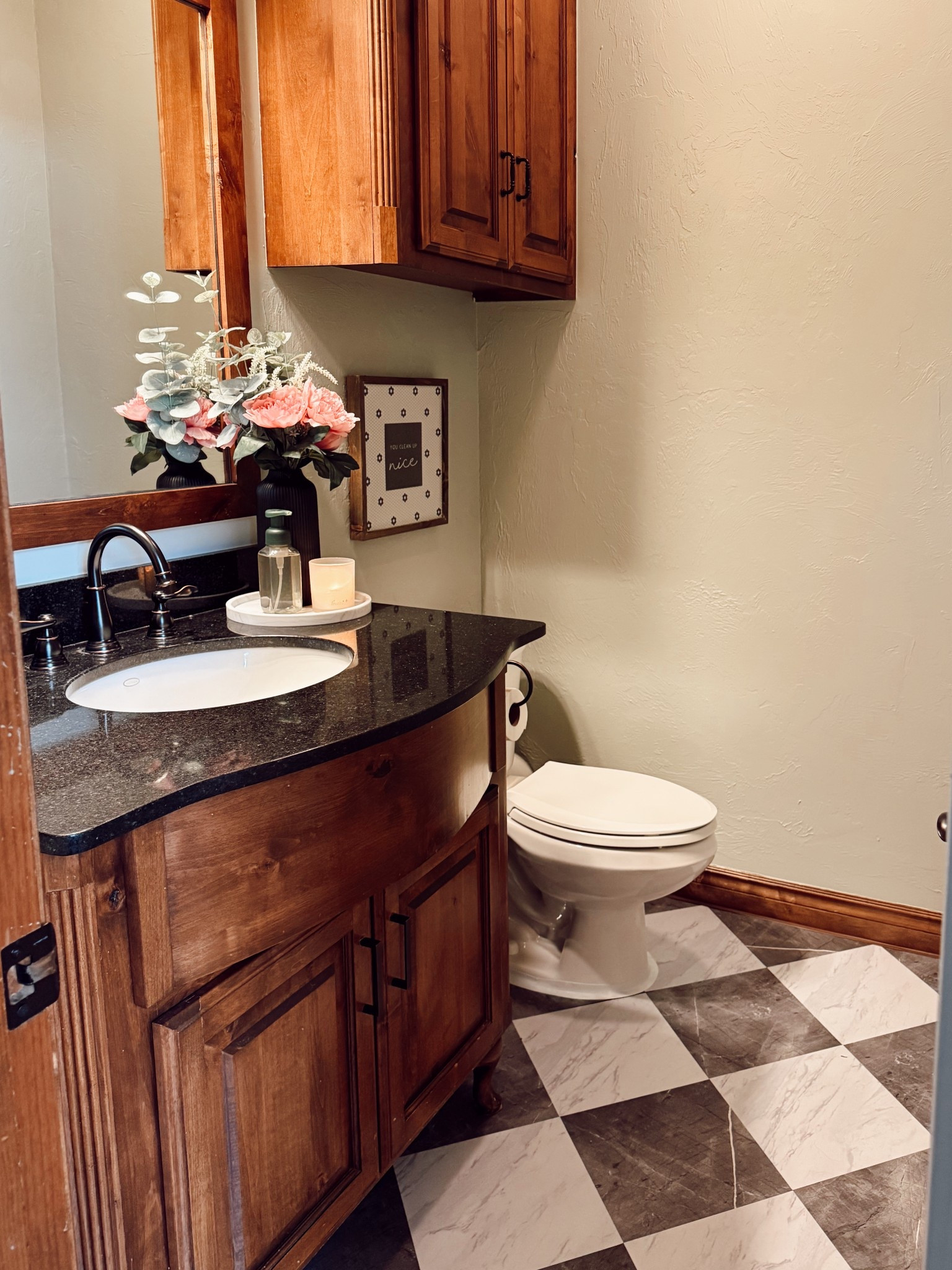DIY powder bath refresh! 🖤🤍 these peel and stick tiles were so easy and affordable but elevate the space instantly!! 

#LTKHome