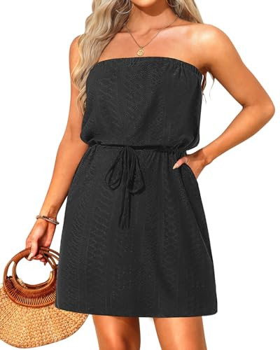 Pinup Fashion Swim-Suit Cover-Up Strapless Black Dress Women Summer Beach Bathing Suit Coverup with Pockets S-XXL | Amazon (US)