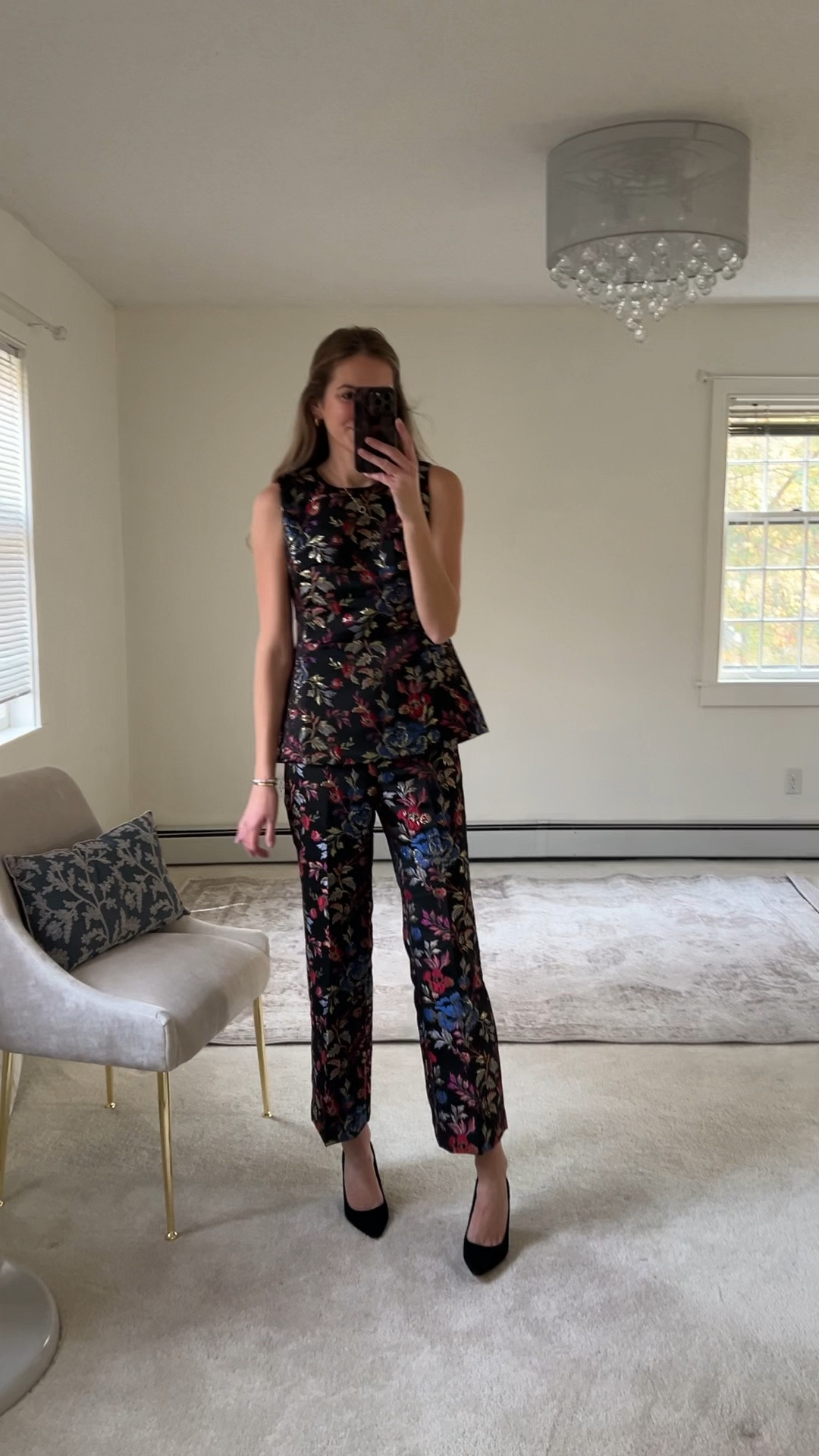 Ann Taylor outfit: floral pants and matching top 