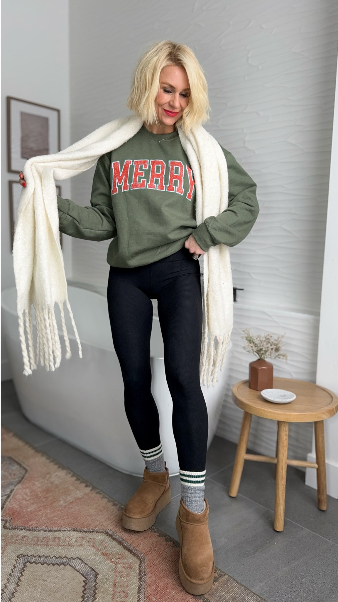 A simple, sweatshirt with the perfect touch of holiday! this fun MERRY sweatshirt is on SALE for $20. A great gift idea, too!
Sizing:
Sweatshirt: runs true to size, perfectly oversized. I’m wearing a medium. (Color military green)
Leggings: love the flattering ribbed texture. run true to size. I’m wearing a 6.
Uggs: runs true to size.
Socks are OS. They’re insanely soft.😉
Lipstick: 💄 true coral

#LTKGiftGuide #LTKHoliday #LTKSeasonal
