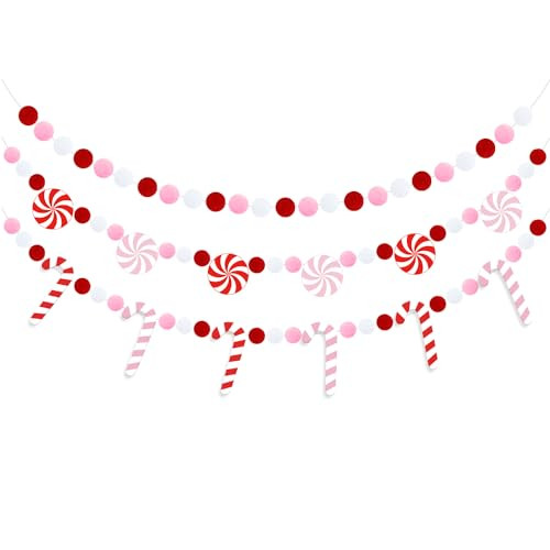 Doumeny 3Pcs Christmas Felt Ball Garland Candy Cane Felt Garland Banner Candy Peppermint Pompom Bunting Garland Xmas Pink White Party Banner Winter Hanging Banner for Home Christmas Tree Wall Decor | Amazon (US)
