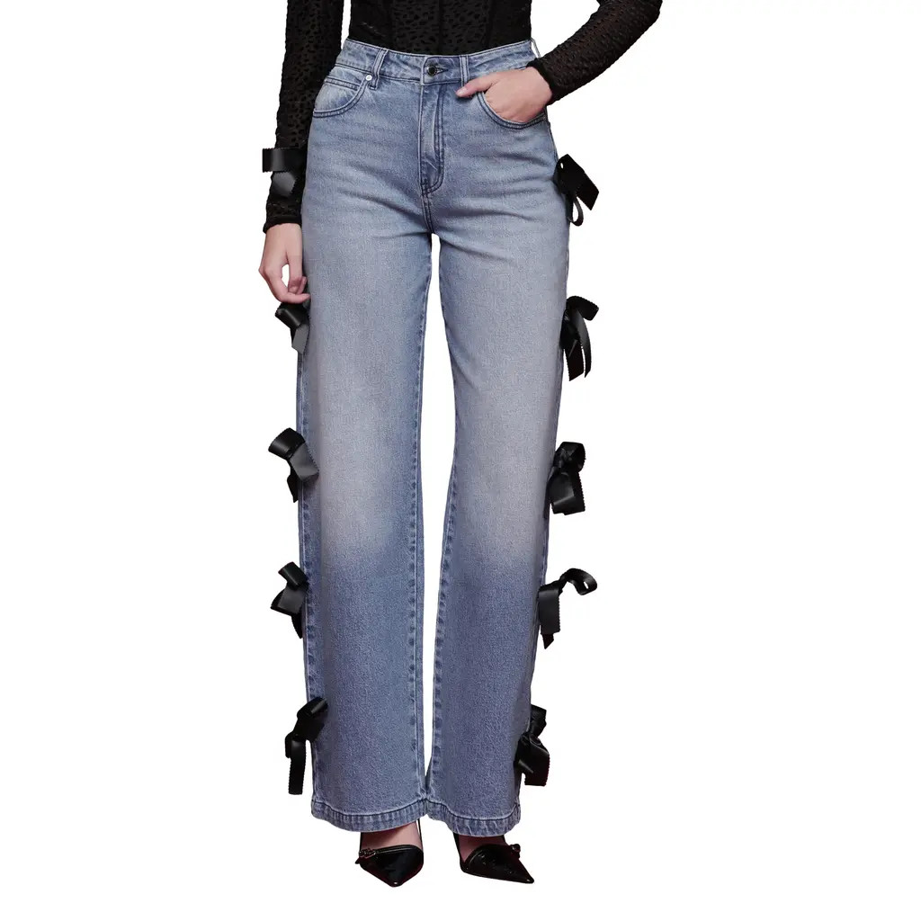 Avec Les Filles Bow Detail High Waist Jeans in Hazel Wash at Nordstrom, Size 24 | Nordstrom