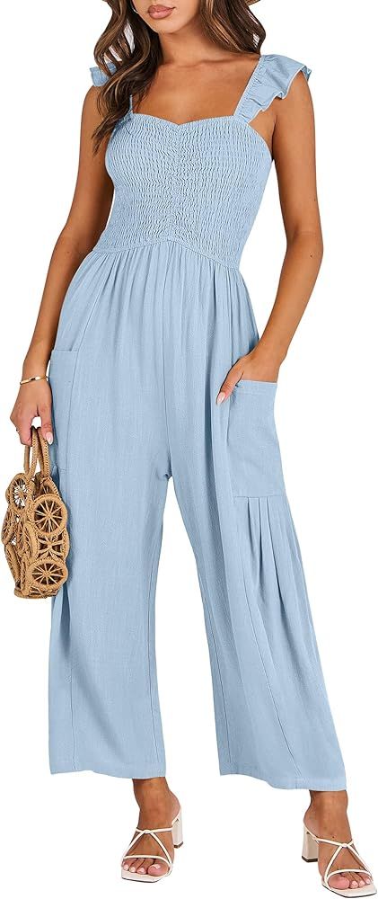 ANRABESS Women Summer Casual Dressy Sleeveless Smocked Wide Leg Linen Jumpsuits Rompers Outfits w... | Amazon (US)