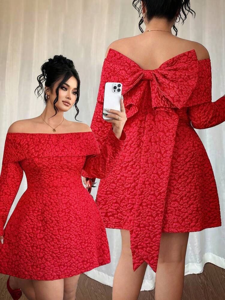 Elenzga Plus Size Women's Christmas Red Jacquard Off Shoulder Backless Bow Long Sleeve Short Dress, Party
4.85
(27)
 | SHEIN
