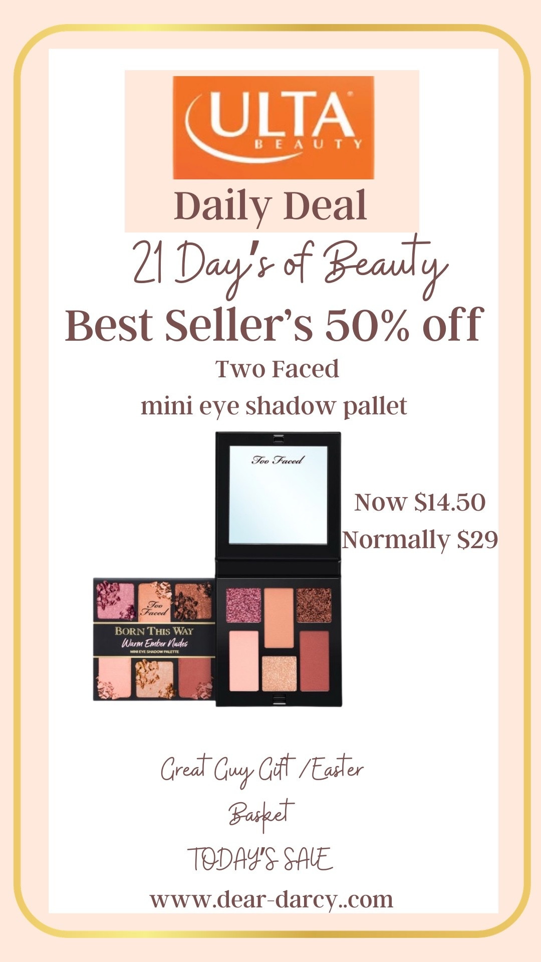 Ulta 
21 days of Beauty 

Today my picks are 

2 faced mini eye shadow pallet
Now $19.60
Was $39.00

#LTKSaleAlert #LTKBeauty
