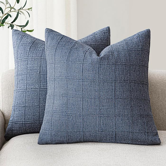 Foindtower Set of 2 Decorative Linen Check Throw Pillow Covers Neutral Farmhouse Vintage Cushion ... | Amazon (US)