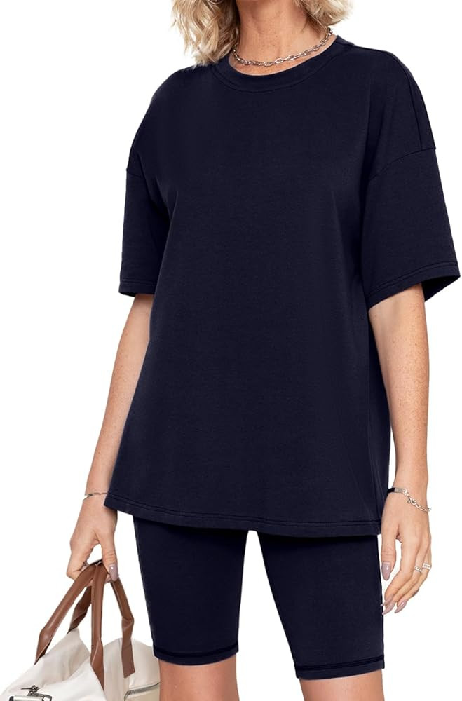 Simplee Womens 2 Piece Sets Summer Outfits Two Piece Lounge Matching Set Oversized Shirts Biker S... | Amazon (US)