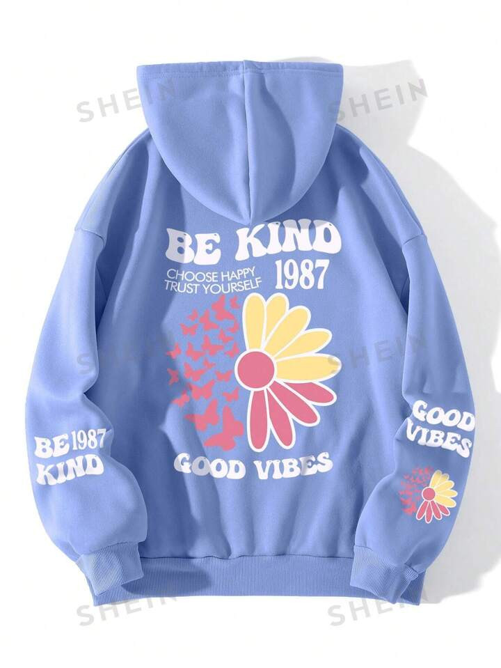 Plus Floral & Slogan Graphic Drawstring Thermal Lined Hoodie | SHEIN