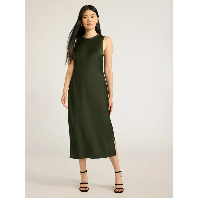 Scoop Women's Crew Neck Satin Midi Tank Dress, Sizes XS-XXL | Walmart (US)