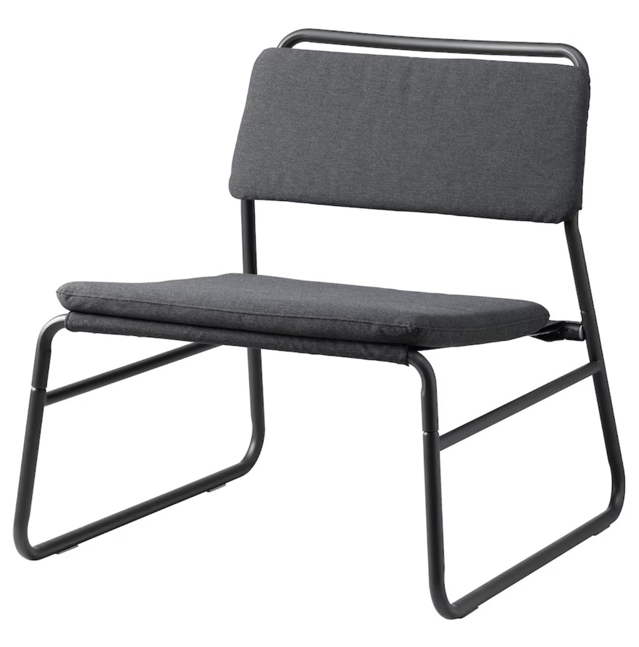 Metallic industrial style chair with fabric back. 

Name: LINNEBÄCK
Chair, Vissle dark gray

Not able to link this exact one but it’s from IKEA! 