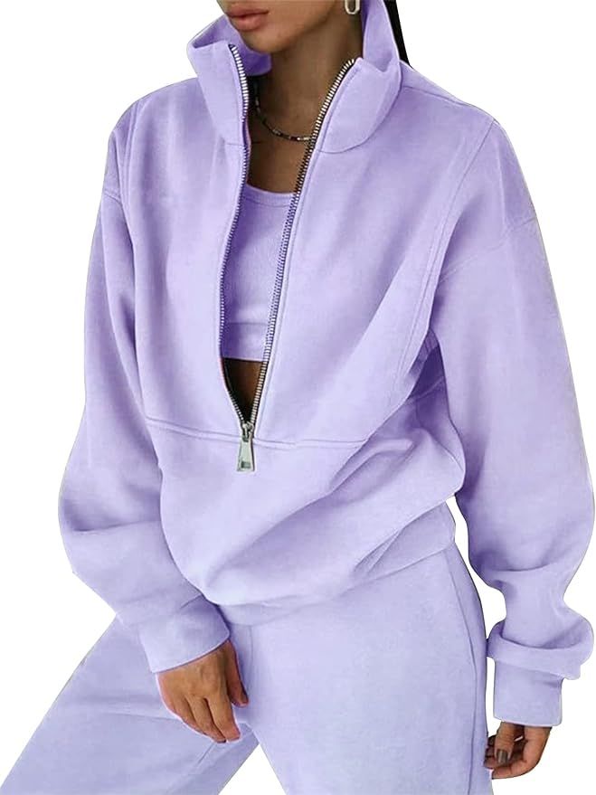 Kissonic Womens Fleece 2 Piece Outfits Sweatsuit Half Zip Pullover Sweatshirt Joggers Pants Track... | Amazon (US)