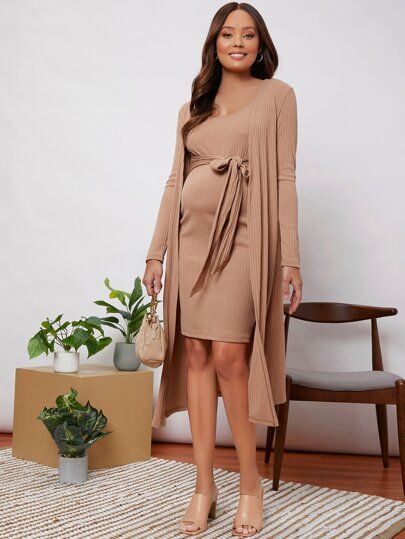 SHEIN Maternity Rib-knit Belted Dress With Coat | SHEIN