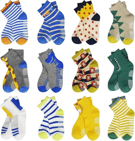 HYCLES Anti Slip Toddler Socks, 12 Pairs Non-Skid Cotton Grip Kid Socks for 1-7T Boy Girl 6-12 Mo... | Amazon (US)