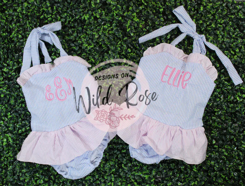 Girls Swimsuit | Pink and Blue Seersucker| One Piece | Personalized Name Monogram Initial | Baby,... | Etsy (US)