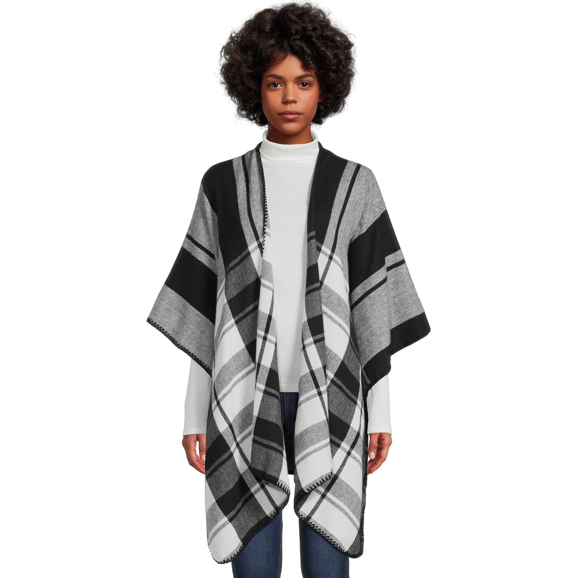 Time and Tru Women's Buffalo Plaid Ruana Wrap with Whipstitching - Walmart.com | Walmart (US)